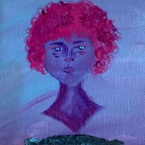 May include: A painting of a person with pink curly hair and a purple face. The background is a light purple.