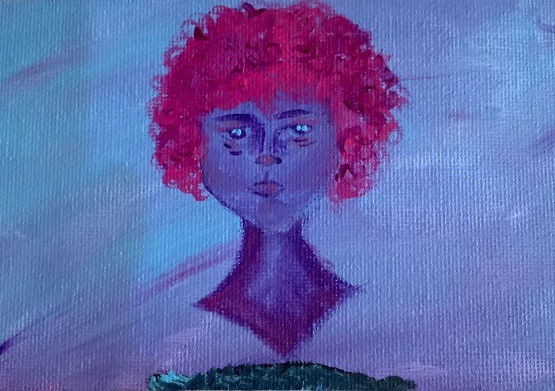 May include: A painting of a person with pink curly hair and a purple face. The background is a light purple.