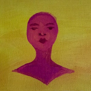 May include: A painting of a person's head and shoulders. The person has a pink face and a yellow background.
