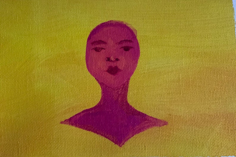 May include: A painting of a person's head and shoulders. The person has a pink face and a yellow background.