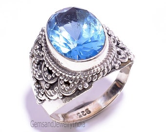 Bague en argent massif 925 - Bague en argent sterling 925 - Bague en argent avec topaze bleue de Londres et pierres précieuses Bijoux Bague en argent sterling avec topaze bleue