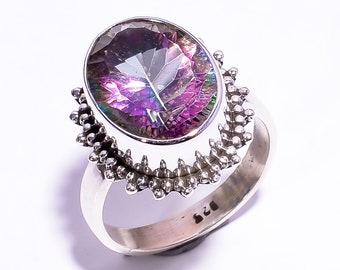 Bague en quartz mystique, bijoux en argent sterling, cadeau pour elle, quartz arc-en-ciel, bagues tendance, bagues de Noël, bijoux de Thanksgiving, bague bohème