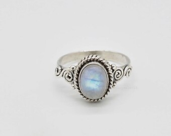 Moonstone Ring | Moonstone Engagement Ring | Rainbow Moonstone Ring | 7x9 mm Oval Moonstone Ring | Sterling Silver Moonstone Ring