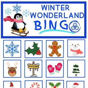 Peut inclure: Carte de jeu de bingo "Winter Wonderland" avec 16 images différentes sur le thème de l'hiver, notamment un pingouin, un bonhomme de neige, un bonhomme en pain d'épices, un renne, un sapin de Noël, une canne en sucre et un flocon de neige. La carte est bleue et blanche avec les mots "Winter Wonderland Bingo" en haut.