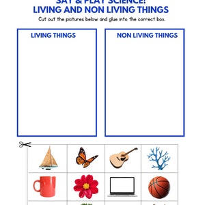 May include: A printable worksheet with a title that says "Say & Play Science! Living and Non Living Things". The worksheet has two boxes, one labeled "Living Things" and the other labeled "Non Living Things". Below the boxes are 12 images of various objects, including a sailboat, butterfly, guitar, coral, mug, flower, laptop, basketball, rocks, tree, shovel, and cat.