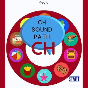 Può includere: Un cerchio rosso con un fumetto blu al centro che dice "CH SOUND PATH" e "CH" in grandi lettere. Il cerchio è diviso in 10 sezioni, ognuna con un'immagine diversa. Le immagini includono una palla da spiaggia, una scatola di fiammiferi, uno scrigno del tesoro, un portachiavi con una stella rosa, una scatola di patatine fritte, un libro, una coppetta di gelato, una scatola di biscotti, una cucina e un gomitolo di lana.