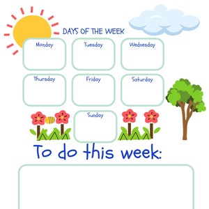 May include: A printable weekly planner with a sunny yellow sun, a blue cloud, and a green tree. The planner has a section for each day of the week, with a space to write "To do this week:" at the bottom.
