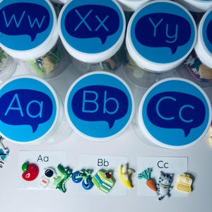 Alphabet Set Objects in Jars 10 Per Letter Beginning Sound Mini Objects Speech Therapy Montessori Sound Teaching Tubs Alphabet Classroom Set