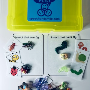 Könnte beinhalten: Eine gelbe Plastik-Aufbewahrungsbox mit einem blauen Etikett, auf dem "SAY & PLAY" und "speechandsmile.com" steht. Die Box enthält ein Set von Insekten-Lernkarten und Plastik-Insektenspielzeug. Die Karten sind in zwei Kategorien unterteilt: "Insekten, die fliegen können" und "Insekten, die nicht fliegen können".