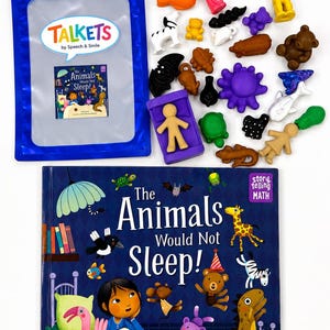 May include: A children's book titled The Animals Would Not Sleep! accompanied by a blue storage bag labelled TALKETS and a collection of small, colourful plastic animal figurines, including a bear, giraffe, flamingo, and a purple bed with a figure.