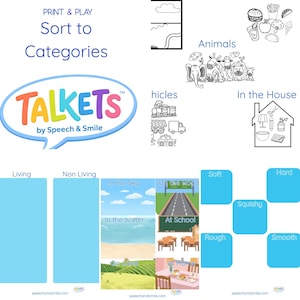 May include: A colorful educational print featuring the text "Sort to Categories" and "TALKETS by Speech & Smile." The image includes illustrations of animals, vehicles, and scenes like "In the House" and "At School," designed for sorting activities.