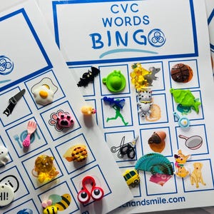 Tableros de bingo con miniobjetos para terapia del habla y apraxia para decir y reproducir palabras en miniatura para terapia del habla y apraxia VC-CV-cvc-CVCV