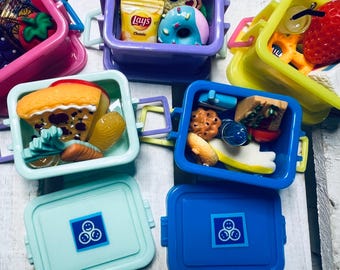 Lonchera en miniatura con comida en miniatura para casa de muñecas. Objetos en miniatura para terapia del habla. Miniaturas escolares.