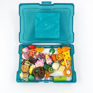 May include: A teal plastic storage case with a hinged lid, filled with a collection of miniature food-shaped erasers. The assortment includes tiny representations of a hot dog, pretzel, carrot, cheese, waffle, pizza slice, and various fruits and vegetables.
