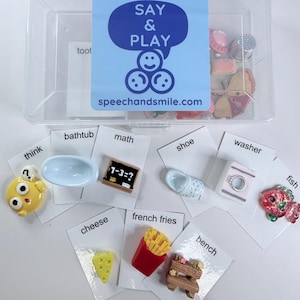 May include: A clear plastic box with a blue label that reads "SAY & PLAY" and "speechandsmile.com". The box contains small toy objects and cards with words like "bathtub", "shoe", and "fish".