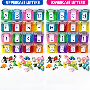 May include: A set of sixteen colorful plastic storage boxes with gray handles, each labeled with uppercase or lowercase letters. Below the boxes are various miniature plastic figures including a spider, apple, cat, cupcake, and sports ball.