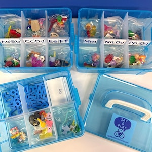 Alphabet Mini Objects Set with Letters, Number Set and Cue Cards - Portable Case 7 Objects per Letter Beginning Sound Minis