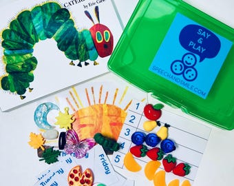 Kit de cuentos para contar y jugar: La oruga muy hambrienta, miniobjetos, regalo para terapia del habla para niños