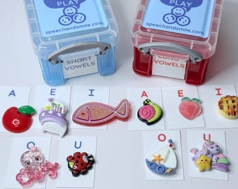 May include: Two clear plastic containers labeled "Say & Play" with the website speechandsmile.com. One container is blue and labeled "Short Vowels" and the other is red and labeled "Long Vowels".  The containers are filled with small plastic toys representing different vowel sounds.  The toys are arranged on white cards with the letters A, E, I, O, and U printed on them.