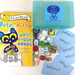 Pete the Cat Story Kit - Pete the Kitty Wash Your Hands Buch mit Mini Objekten - Logopädie Story Requisiten & Fragekarten - BUCH ENTHALTEN