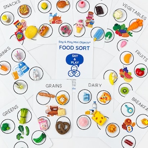 Puede incluir: Un juego educativo Say & Play Food Sort que incluye tarjetas blancas etiquetadas con categorías de alimentos como Snacks, Protein, Sweets, Vegetables, Drinks, Fruits, Grains, Dairy, Greens y Breakfast, cada una con pequeños artículos de comida en miniatura.