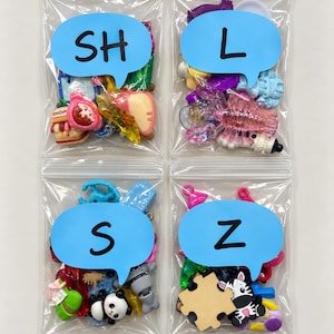 May include: Four clear plastic resealable bags filled with assorted colorful plastic charms and miniature figurines. Each bag features a light blue speech bubble label with the black letters SH, L, S, and Z respectively, identifying the contents.