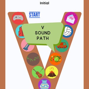 May include: Educational poster with a large, brown "V" shape. The poster features the text "V Sound Path" and "Initial" at the top. Inside the "V" are colorful illustrations of objects like a video game controller, a vest, and a vacuum cleaner.