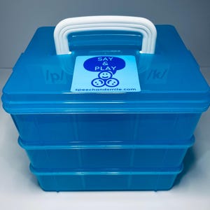 Organizador azul de tres niveles para guardar objetos pequeños, juego de etiquetas para baratijas.