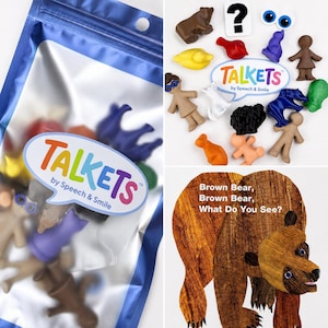 May include: A blue resealable pouch labeled TALKETS by Speech & Smile containing various small plastic figures, including animals and people. The set includes a book cover titled Brown Bear, Brown Bear, What Do You See? and assorted colorful figurines.