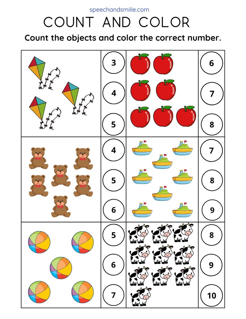 May include: A worksheet with colorful illustrations of kites, teddy bears, boats, beach balls, and cows. The worksheet asks children to count the objects and color the correct number. The numbers 3, 4, 5, 6, 7, 8, 9, and 10 are included.