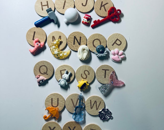 Wooden Alphabet letters WITH OBJECTS -Montessori Letter Rounds-English Letter Circles-Alphabet Wood Letters