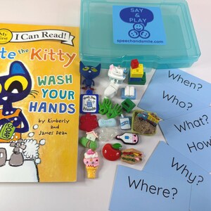 May include: A children's educational set featuring a book titled "Pete the Kitty Wash Your Hands" and a blue plastic storage box. The set includes small toy figures, cards with questions, and various miniature food and object toys.