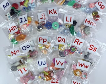 Montessori Alphabet Mini Objects – 5 per Letter (A–Z)  Beginning Sound Trinkets , Red Consonants Blue Vowels in bags no storage