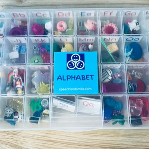 ALPHABET TRINKETS in Storage ALL Sounds Alphabet Book Montessori Sound Objects Phonics Objects Speech Therapy Mini Objects Sound Objects