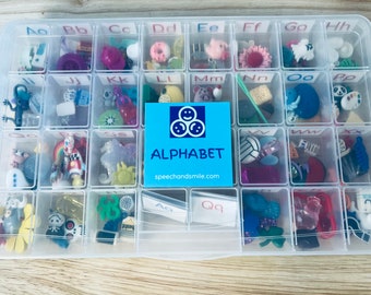 ALPHABET TRINKETS in Storage ALL Sounds Alphabet Book Montessori Sound Objects Phonics Objects Speech Therapy Mini Objects Sound Objects