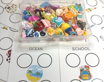 Sorteertaakdoos met mini-objecten | Categoriesorteeractiviteit kleuterschool | Logopedische taalconcepten