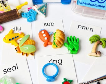 May include: A collection of educational cards featuring the words fly, sub, palm, seal, and ring, paired with corresponding miniature plastic objects including a yellow airplane, a bee, a submarine, a croissant, a green hand, a palm tree, a seal, a blue ring, and a red bell.