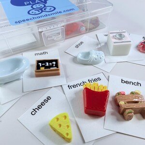 May include: A clear plastic storage box with a blue label that reads "Say & Play" and "speechandsmile.com." The box contains miniature toys and cards. Cards include the words "cheese," "math," and "french fries." Other toys include a shoe, a washing machine, and a bench.