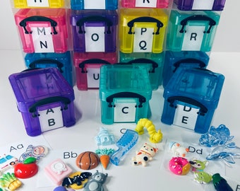 Alphabet Objects in Storage Alphabet Set with Trinkets Beginning Sound Mini Objects Speech Therapy Mini Objects Set
