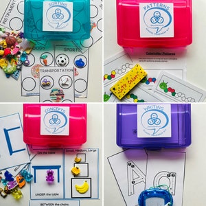 16 atividades pré-escolares em conjunto com MINI objetos e cartões laminados Conjunto de aprendizagem e estojo de transporte Diversão de aprendizagem pré-escolar SEM PREPARAÇÃO