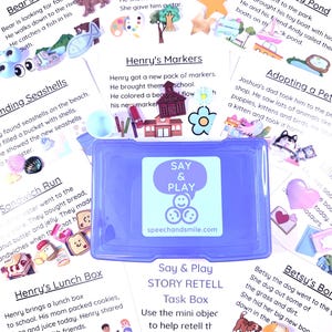 May include: A Say & Play Story Retell Task Box with mini objects and story cards. The cards feature illustrations and text about various topics, including a bear's lunch, Andy's painting, and Henry's markers. The box is blue.