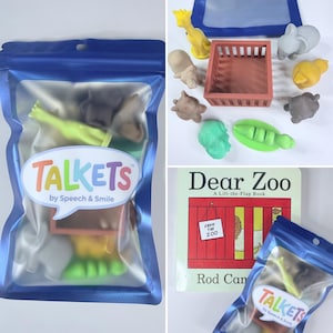 Op de afbeelding: Een afbeelding met kinderspeelgoed en een boek. De afbeelding toont een blauwe zak met de tekst "TALKETS by Speech & Smile" en diverse dierenfiguren. Een "Dear Zoo" uitklapboek is ook zichtbaar.