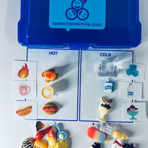 Könnte beinhalten: Eine blaue Plastik-Aufbewahrungsbox mit einem weißen Etikett, auf dem "Say & Play" und "speechandsmile.com" steht. Die Box enthält einen Satz bunter Filzstücke, die heiße und kalte Gegenstände darstellen, wie z. B. ein Hotdog, Eiscreme und einen Schneemann. Die Filzstücke sind auf einer weißen Karte angeordnet, auf der die Wörter "Heiß" und "Kalt" aufgedruckt sind.