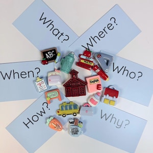 Peut inclure: Une collection de figurines miniatures colorées sur le thème de l'école, comprenant une école, des livres, un bus et une tasse avec l'inscription "Best Teacher Ever". Des cartes bleu clair avec des questions comme "Quoi ?" et "Où ?" entourent les figurines.