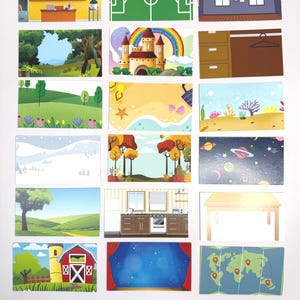 May include: A set of illustrated cards with diverse scenes. The cards show a classroom, a football pitch, a room with windows, a landscape, a castle with a rainbow, a wardrobe, a beach, a winter scene, autumn trees, a starry sky, a kitchen, a table, a barn, a stage, and a world map.