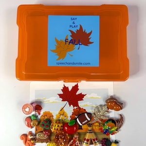 Mini-objets Say & Play sur le thème de l'automne, avec des bibelots et des figurines pour l'orthophonie