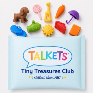 May include: A light blue rectangular packet labeled TALKETS Tiny Treasures Club Collect Them All! with a collection of small colorful figurines including a brown dog, pink lollipop, yellow giraffe, orange carrot, purple umbrella, blue flip-flop, green submarine, yellow sun, red wedge, and orange block.
