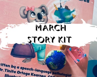 Story Kit of Month MARCH - Travel Theme Book and Story Objects - Speech Activities & More - Speech and Smile -Speech Therapy Trinkets