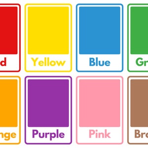 Può includere: Un grafico con campioni di colore e i nomi dei colori: rosso, giallo, blu, verde, arancione, viola, rosa e marrone.