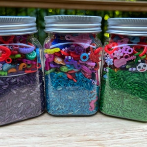 I SPY Jars-I SPY Objects-Pour & Play I Spy-I Spy Trinkets-I Spy Objects-I Spy Toy-Speech Mini Objects for I Spy-Sensory Colored Rice-Speech